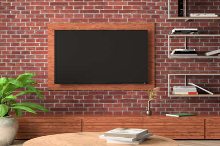 Blank TV screen mock up on the red brick wall of modern living room. 3d illustrationの写真素材
