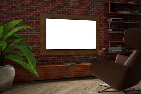 Glowing TV screen mock up at night in the living room with red brick wall. 3d illustration
