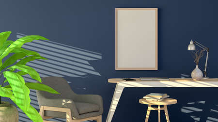 Vertical poster frame mock up on the blue walll. 3d illustration