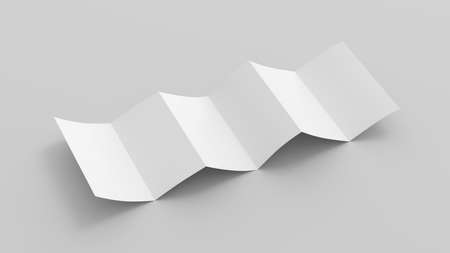 Vertical page zigzag or accordion fold brochure. Six panels, twelve pages blank leaflet. Mock up on white background for presentation design. Unfolded. 3d illustration.の写真素材