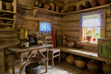 Interior of wooden Russian hut, the traditional home of a Russian peasan. Suzdal, Russiaの写真素材