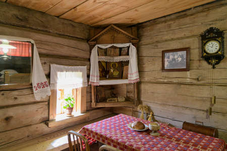 Interior of wooden Russian hut, the traditional home of a Russian peasan. Suzdal, Russiaの写真素材