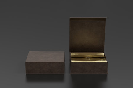 Leather opened and closed square folding gift box mock up with gold wrapping paper on black...