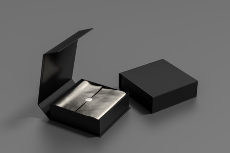 Black opened and closed square folding gift box mock up with silver wrapping paper on gray background. Side view. 3d illustration.の写真素材