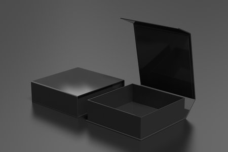 Black opened and closed square folding gift box mock up on black background. Side view. 3d illustration.の写真素材