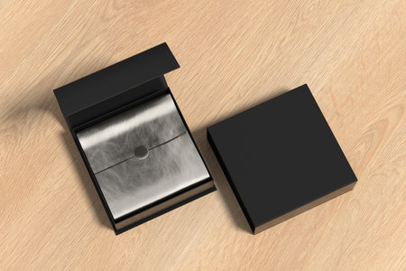 Black opened and closed square folding gift box mock up with silver wrapping paper on wooden...