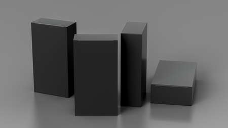 Gift box mock up: four tall, wide and flat black boxes on gray background. View above. 3d illustrationの写真素材