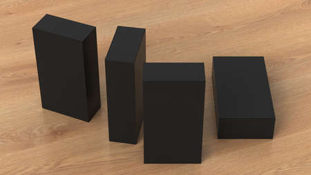 Gift box mock up: four tall, wide and flat black boxes on wooden background. View above. 3d...