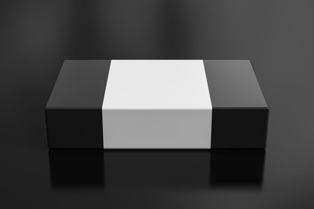 Flat box mock up with blank paper cover label: Black gift box on black background. front view. 3d illustrationの写真素材