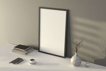 Vertical black picture poster frame mock up. Cup of coffee, books, vase and notebook on white table....