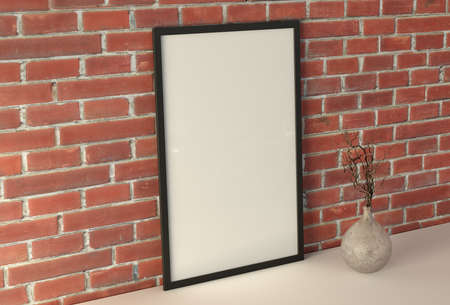 Vertical frame poster mock up on the white table with red brick wall on background. 3d illustration