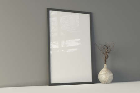 Vertical frame poster mock up on the white table with gray wall on background. 3d illustration