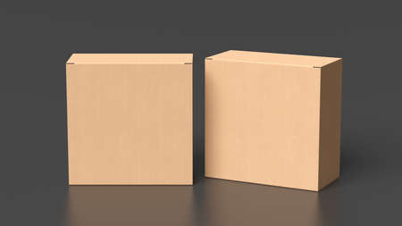 Two cardboard boxes mock up. Square gift boxes on black background. Above view. 3d illustrationの写真素材