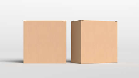 Two cardboard boxes mock up. Square gift boxes on white background. Front view. 3d illustrationの写真素材