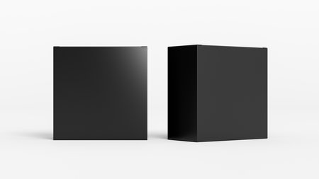 Two square boxes mock up. Black gift boxes on white background. Front view. 3d illustrationの写真素材