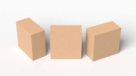 Three square boxes mock up. Cardboard gift boxes on white background. View above. 3d illustrationの写真素材