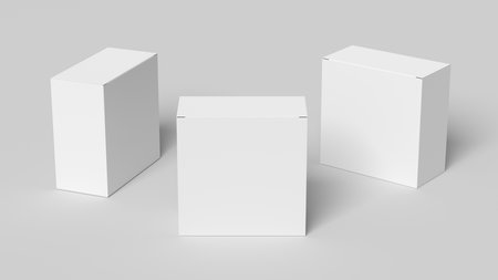 Three square boxes mock up. White gift boxes on white background. Front view. 3d illustrationの写真素材