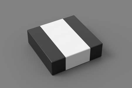 Square box mock up with blank paper cover label: Black gift box on gray background. Side view. 3d illustrationの写真素材