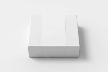 Square box mock up with blank paper cover label: White gift box on white background. Front view. 3d illustrationの写真素材