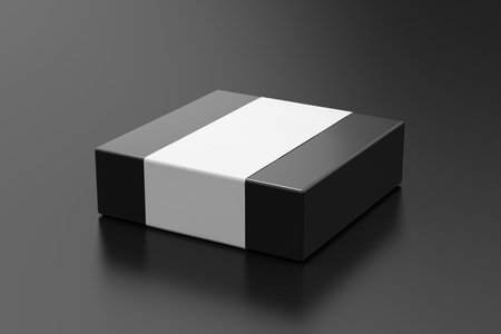 Square box mock up with blank paper cover label: Black gift box on black background. Side view. 3d illustrationの写真素材