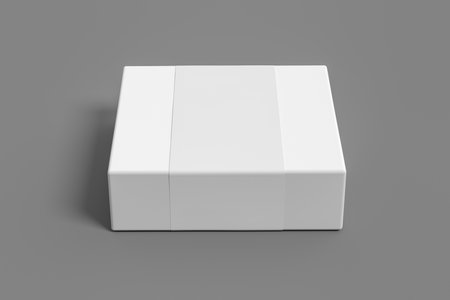 Square box mock up with blank paper cover label: White gift box on gray background. Front view. 3d illustrationの写真素材