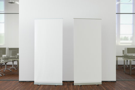 Blank roll up banner stand mock up in modern office. 3d illustrationの写真素材