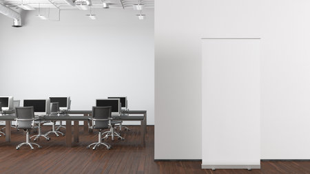 Blank roll up banner stand mock up in modern office. 3d illustrationの写真素材