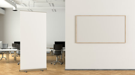 Blank roll up banner stand mock up in modern office. 3d illustrationの写真素材