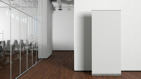 Blank roll up banner stand mock up in modern office. 3d illustrationの写真素材