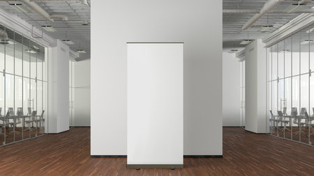 Blank roll up banner stand mock up in modern office. 3d illustrationの写真素材