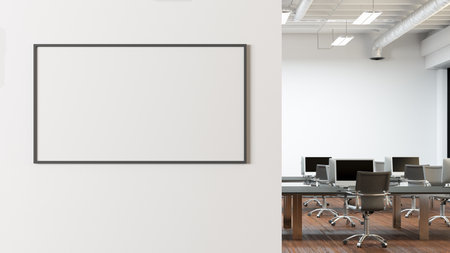 Blank horizontal poster mock up on the wall of modern office interior. 3d illustrationの写真素材