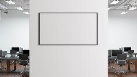 Blank horizontal poster mock up on the wall of modern office interior. 3d illustrationの写真素材