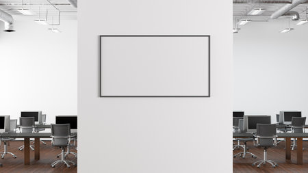 Blank horizontal poster mock up on the wall of modern office interior. 3d illustrationの写真素材