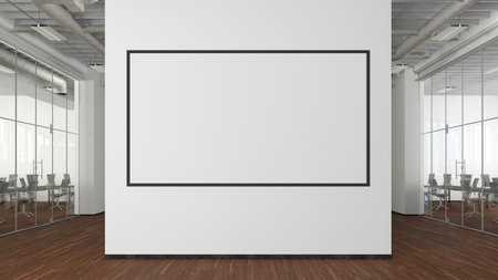 Blank horizontal poster mock up on the wall of modern office interior. 3d illustrationの写真素材