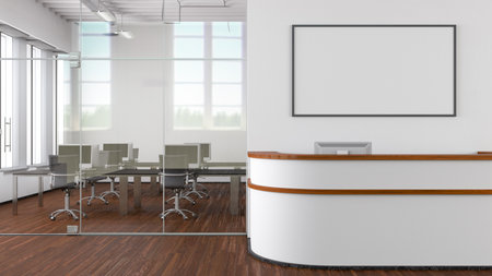 Blank horizontal poster mock up on the wall above office reception desk. 3d illustrationの写真素材