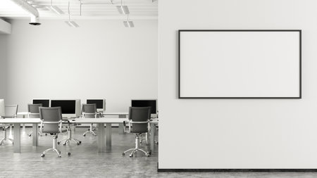 Blank horizontal poster mock up on the wall of modern office interior. 3d illustrationの写真素材