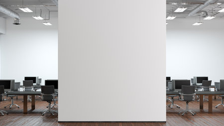 Blank white office wall mock up in modern office interior. 3d illustrationの写真素材