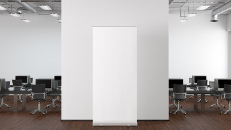 Blank roll up banner stand mock up in modern office. 3d illustrationの写真素材