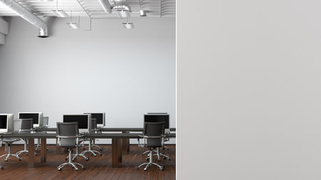 Blank white office wall mock up in modern office interior. 3d illustrationの写真素材