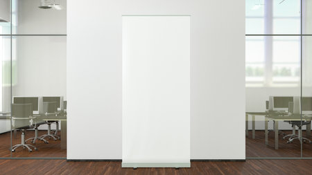 Blank roll up banner stand mock up in modern office. 3d illustrationの写真素材