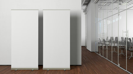Blank roll up banner stands mock up in modern office. 3d illustrationの写真素材