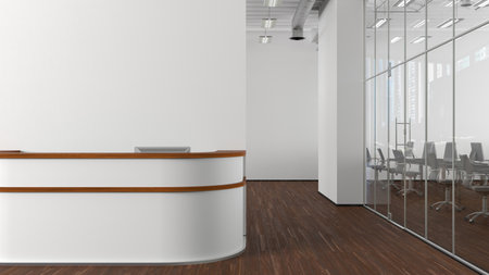 Blank white office wall mock up with office reception desk. 3d illustrationの写真素材
