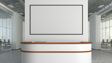 Blank horizontal poster mock up on the wall above office reception desk. 3d illustrationの写真素材