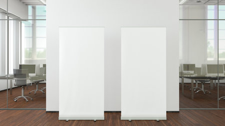 Blank roll up banner stand mock up in modern office. 3d illustrationの写真素材