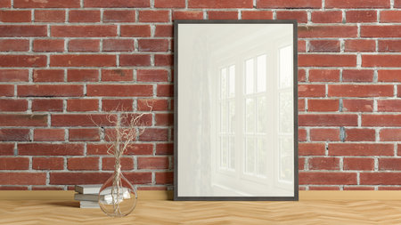 Vertical poster frame mock up on the floor in living room with wooden floor and red brick wall. 3d illustrationの写真素材