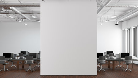 Blank white office wall mock up in modern office interior. 3d illustrationの写真素材