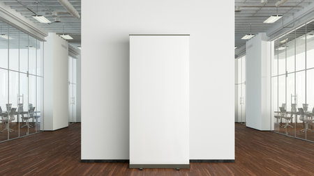 Blank roll up banner stand mock up in modern office. 3d illustrationの写真素材