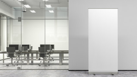 Blank roll up banner stand mock up in modern office. 3d illustrationの写真素材