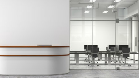 Blank white office wall mock up with office reception desk. 3d illustrationの写真素材
