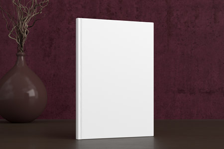 Vertical book cover mock up standing on a dark wooden desk with purple wall background. 3d illustrationの写真素材